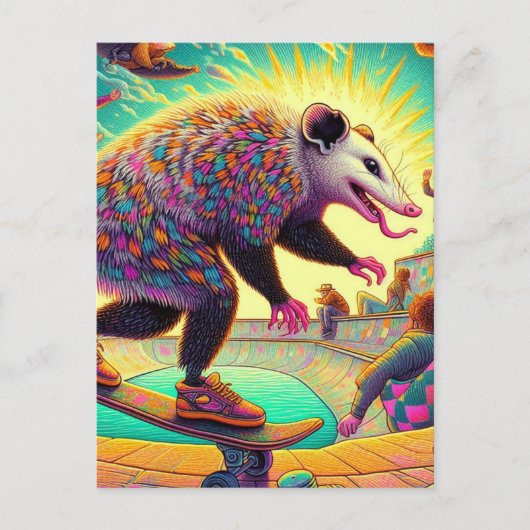 Skateboarden Surreal Schattig Opossum Briefkaart (Voorkant)