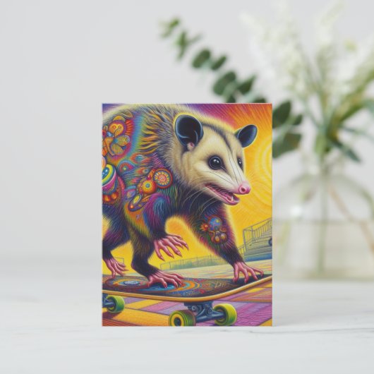 Skateboarden Surreal Schattig Opossum Briefkaart (Staand voorkant)
