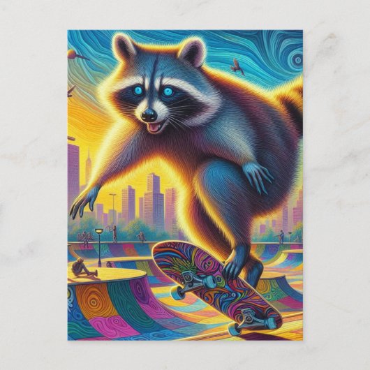 Skateboarden Surreal Schattig Raccoon Briefkaart (Voorkant)