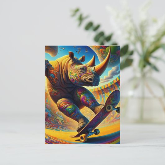Skateboarden Surreal Schattige Rhino Briefkaart (Staand voorkant)