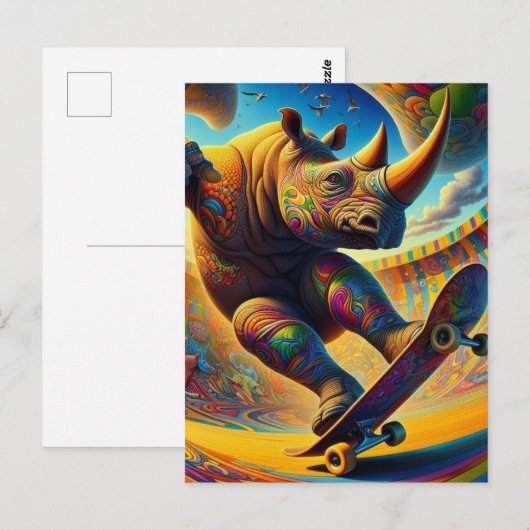 Skateboarden Surreal Schattige Rhino Briefkaart (Voorkant / Achterkant)