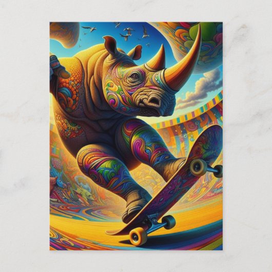 Skateboarden Surreal Schattige Rhino Briefkaart (Voorkant)