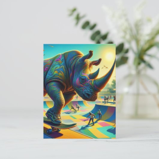 Skateboarden Surreal Schattige Rhino Briefkaart (Staand voorkant)