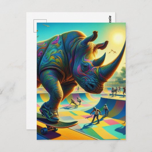 Skateboarden Surreal Schattige Rhino Briefkaart (Voorkant / Achterkant)