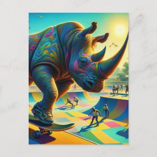 Skateboarden Surreal Schattige Rhino Briefkaart (Voorkant)