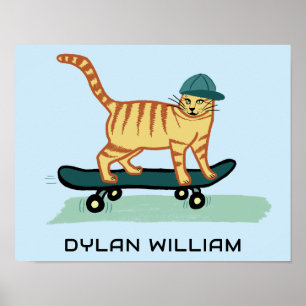 Skateboarden Tabby Cat Schattige CUSTOM NAME Kinde Poster
