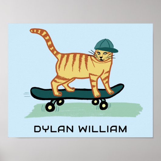 Skateboarden Tabby Cat Schattige CUSTOM NAME Kinde Poster (Voorkant)