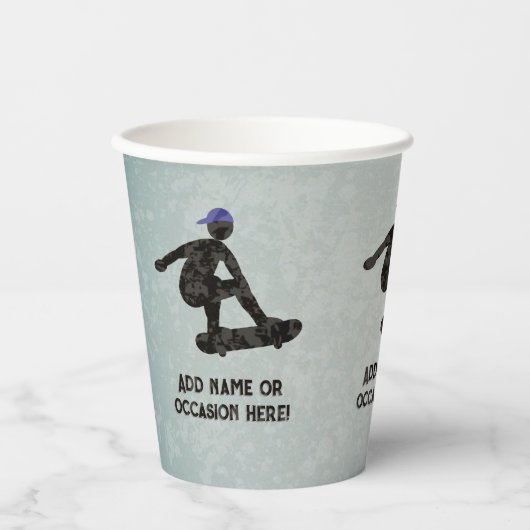 Skateboarden thema steel metal look tiener of man papieren bekers (Voorkant)