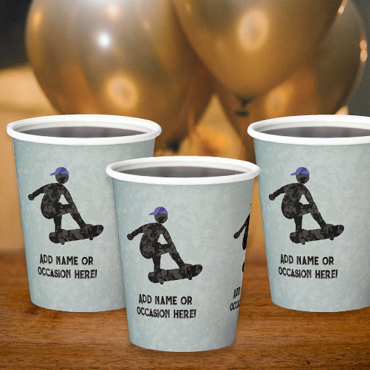 Skateboarden thema steel metal look tiener of man papieren bekers