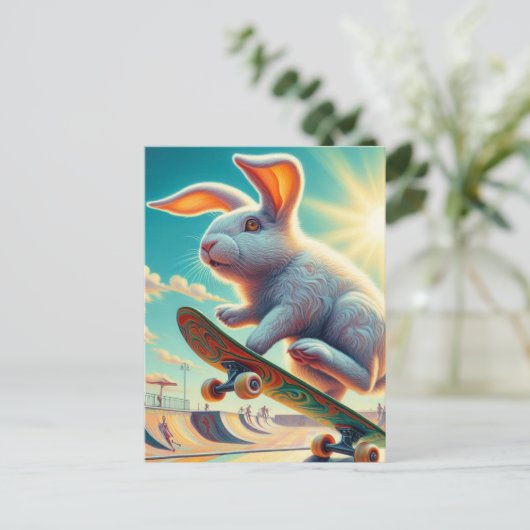 Skateboarden White Bunny Surreal Kleurrijk en Leuk Briefkaart (Staand voorkant)