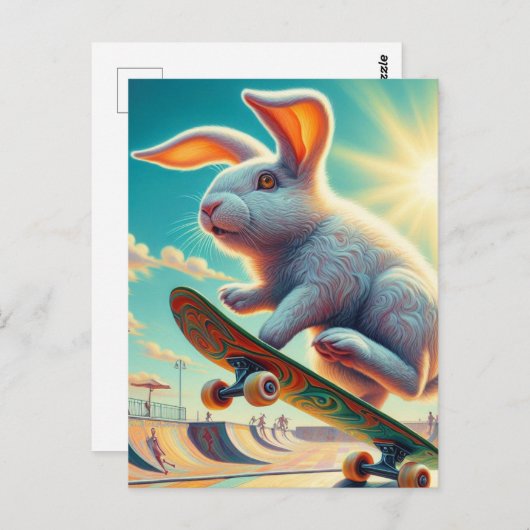 Skateboarden White Bunny Surreal Kleurrijk en Leuk Briefkaart (Voorkant / Achterkant)