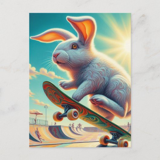 Skateboarden White Bunny Surreal Kleurrijk en Leuk Briefkaart (Voorkant)