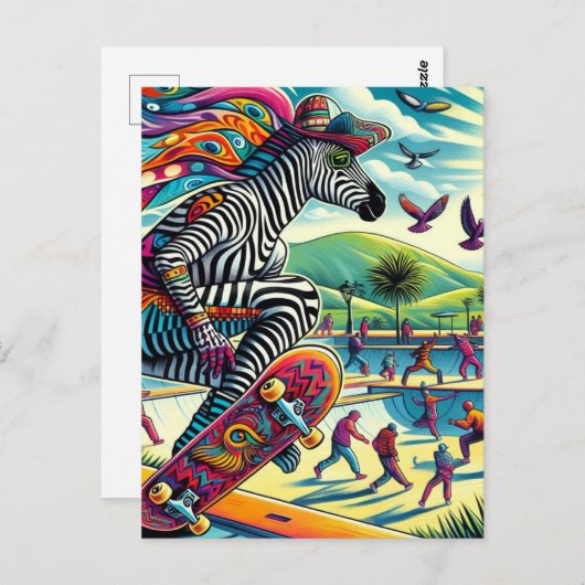 Skateboarden Zebra Kleurrijk en Leuk Briefkaart (Voorkant / Achterkant)