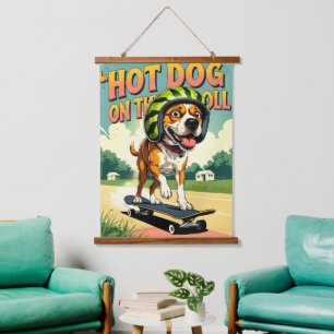 Skateboardende Hond Zomer Grappig Retro Strand  Hangend Wandkleed