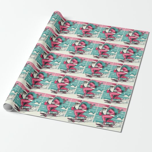 Skateboardende kerstman cadeaupapier (Uitgerold)