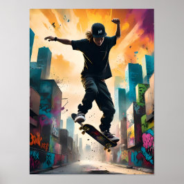Skateboarder in vlucht – Dynamische truc in de luc Poster