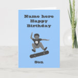 Skateboarding Boy, Son Birthday card add name age Kaart<br><div class="desc">Een jongen getrokken in grijze tinten,  die een Hieldraai op een skateboard doet,  met leeftijd op zijn t shirt. Voeg zijn naam toe,  en verander de leeftijd als u geen versie met correcte leeftijd kunt vinden. Zoon,  acht,  lichtblauw.</div>