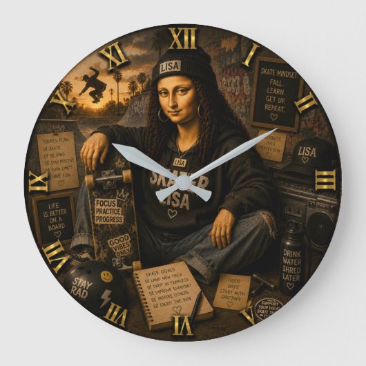 Skateboarding Funny Mona Lisa Skater Gift Grote Klok (Voorkant)