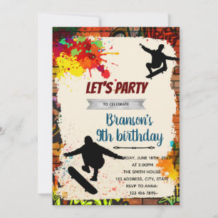Skateboarding graffiti birthday party uitnodiging