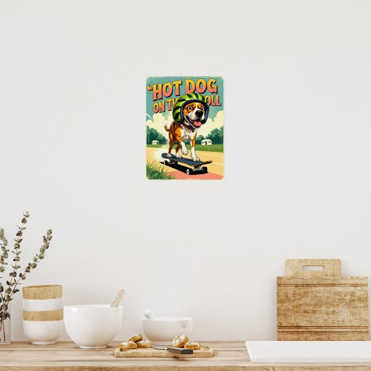 Skateboarding Hond Zomer Grappig Retro Strand Poster (Keuken)
