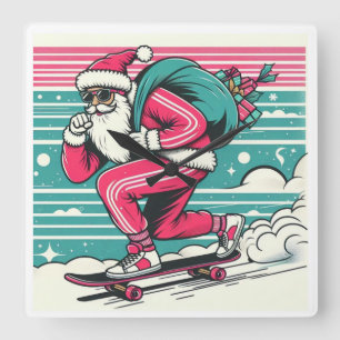 Skateboarding kerstman vierkante klok