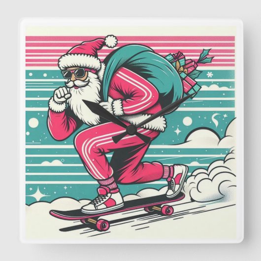 Skateboarding kerstman vierkante klok (Voorkant)