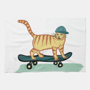 Skateboarding Tabby Cat Theedoek
