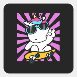 Skateboarding Unicorn Cute Kawaii Skater Vierkante Sticker