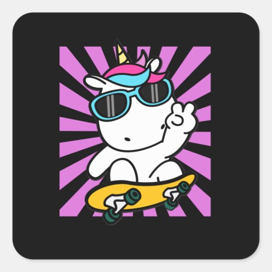 Skateboarding Unicorn Cute Kawaii Skater Vierkante Sticker (Voorkant)
