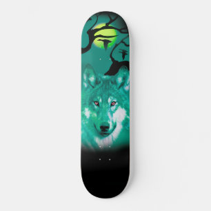 Skateboards+Wolf+Waterverf+groen+blauw+modern Persoonlijk Skateboard