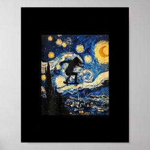 Skatende vrouw Van Gogh stijl sterrenhemel Poster