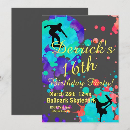 Skater Birthday Invitation Kaart (Voorkant / Achterkant)