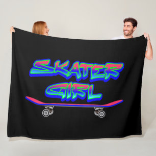 Skater Girl Blue Pink Graffiti Glow Skateboard Fleece Deken