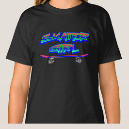 Skater Girl Blue Pink Graffiti Glow Skateboard T T-shirt