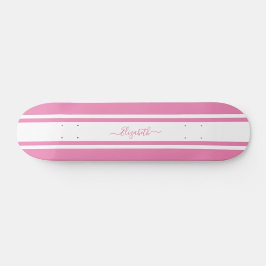 Skater Girl Pink White Racing Stripes Monogramed Persoonlijk Skateboard (Horizontaal)