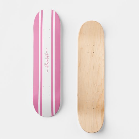 Skater Girl Pink White Racing Stripes Monogramed Persoonlijk Skateboard (Voorkant)