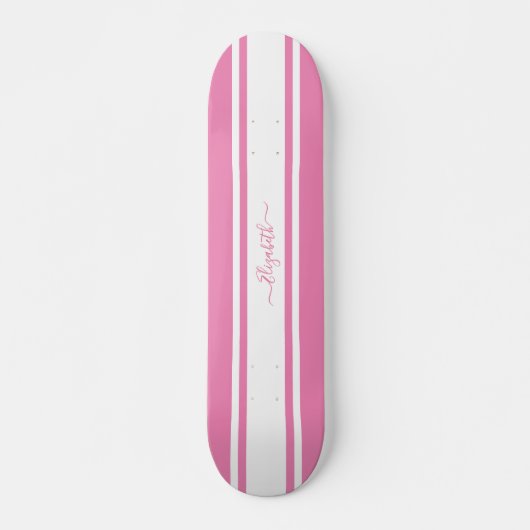 Skater Girl Pink White Racing Stripes Monogramed Persoonlijk Skateboard (Voorkant)