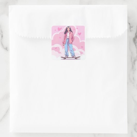 Skater Girl Vibes – Pastelkleurige esthetische col Vierkante Sticker (Tas)