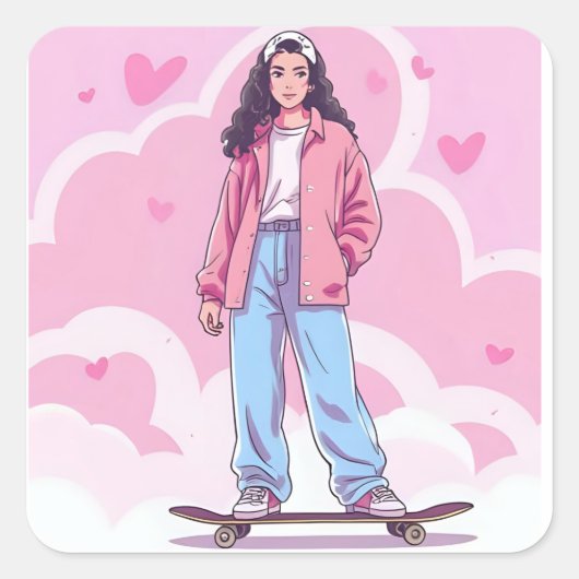 Skater Girl Vibes – Pastelkleurige esthetische col Vierkante Sticker (Voorkant)