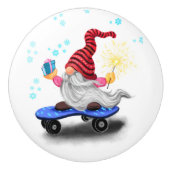 Skater Gnome met Cadeaus Keramische Knob Kerst Keramische Knop (Voorkant)
