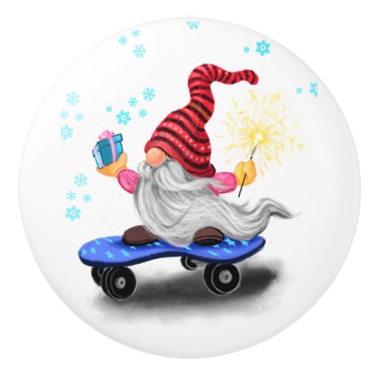Skater Gnome met Cadeaus Keramische Knob Kerst Keramische Knop (Voorkant)