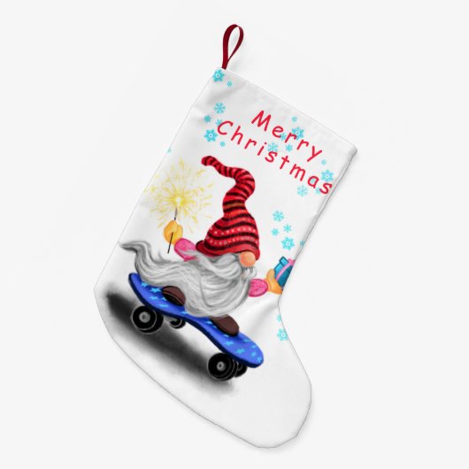 Skater Gnome met Cadeaus Kerstmis Stocking Kleine Kerstsok (Voorkant (Hangend))