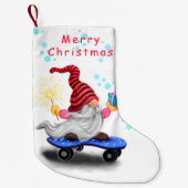 Skater Gnome met Cadeaus Kerstmis Stocking Kleine Kerstsok (Voorkant)