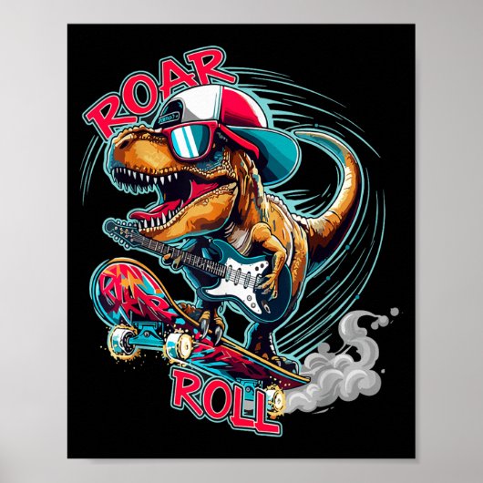 Skater Guitar T-rex Roar Roll Dinosaur For Boys Me Poster (Voorkant)
