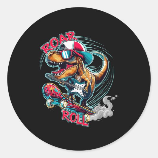 Skater Guitar T-rex Roar Roll Dinosaur For Boys Me Ronde Sticker (Voorkant)