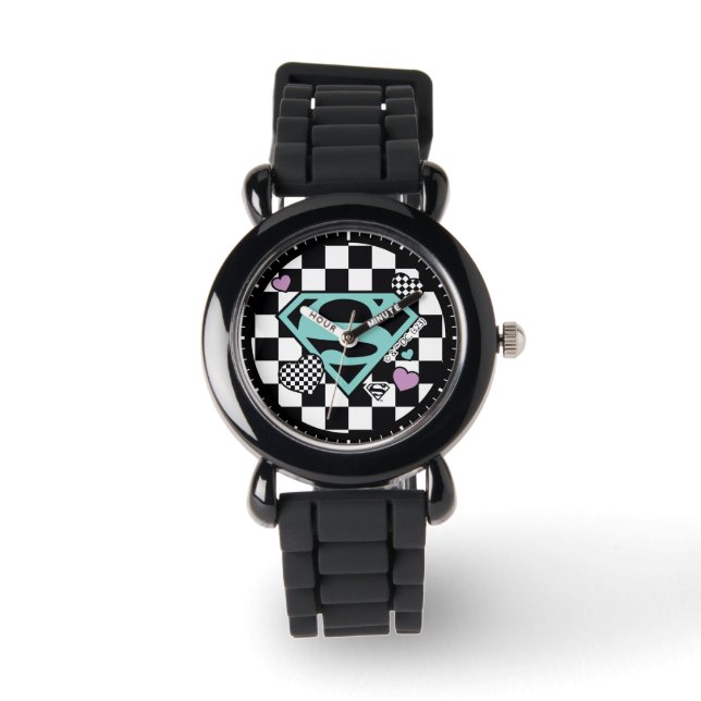Skater Meisje Supergirl Harten S-Shield Horloge (Voorkant)