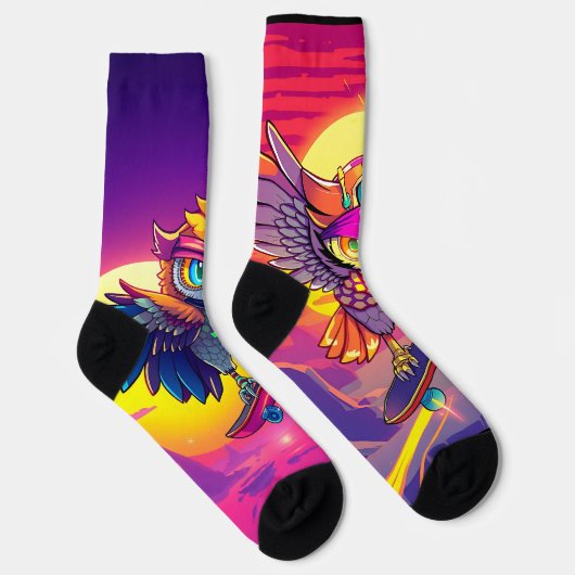 Skater Uilen – Neon Sunset Vibes & Cool Uil Energi Sokken (Rechts)