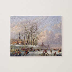 Skaters op een diepgevroren rivier vóór windmolens legpuzzel