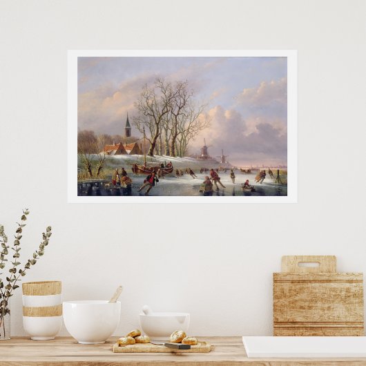 Skaters op een diepgevroren rivier vóór windmolens poster (Keuken)