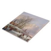 Skaters op een diepgevroren rivier vóór windmolens tegeltje (Zijkant)